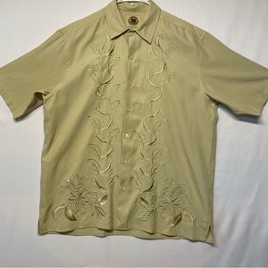 Pusser’s West Indies Embroidered Shirt LARGE Tan Silk Cotton Blend Relaxed